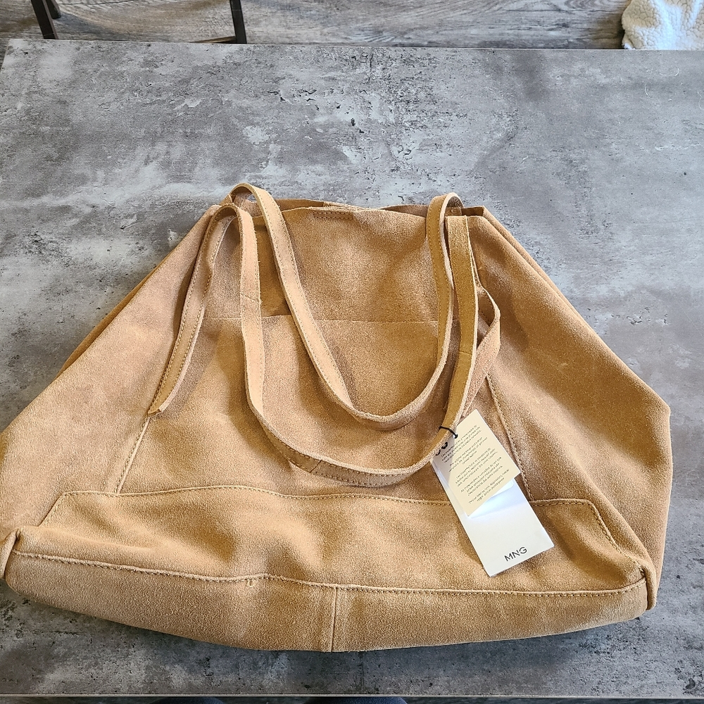 MNG By Mango Genuine Leather Tote Bag Large Brown Shoulder Inside Zipper